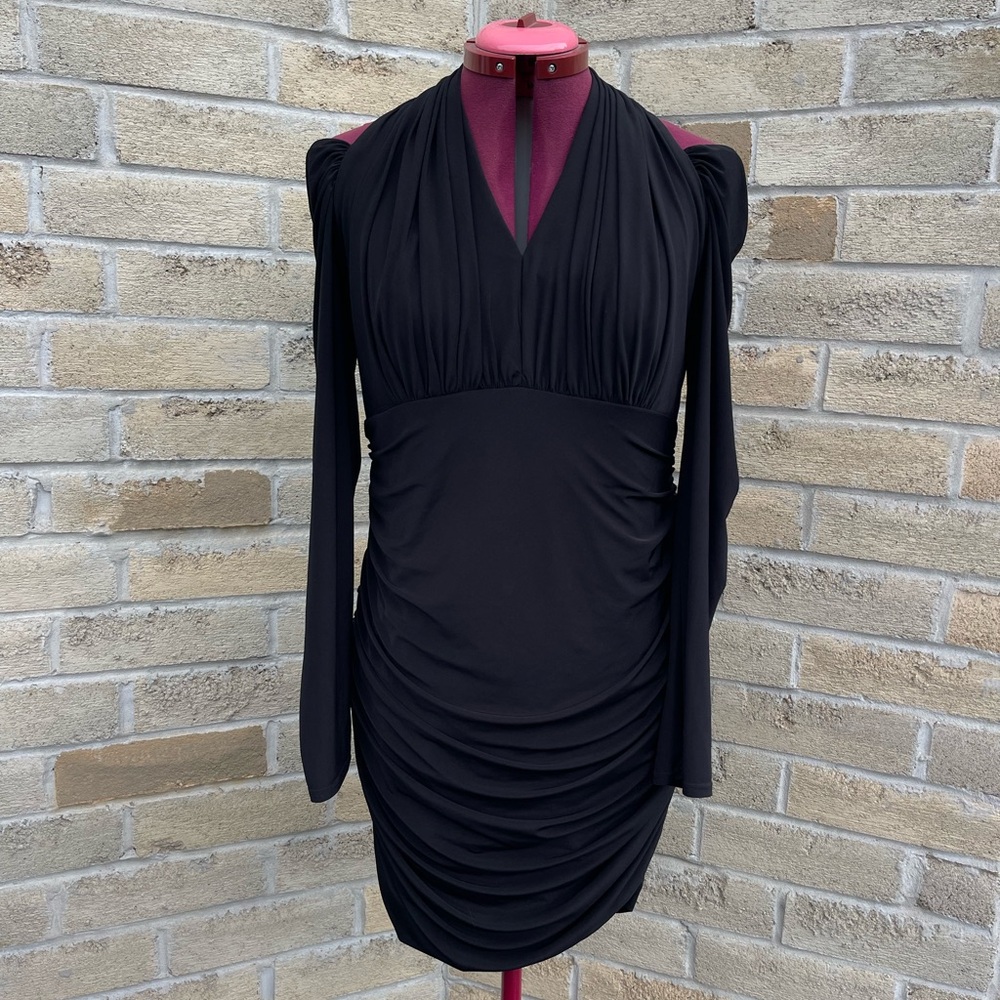 Tadashi Shoji Vintage 100% Silk Black Ruched Cocktail Dress XL Halter USA Made